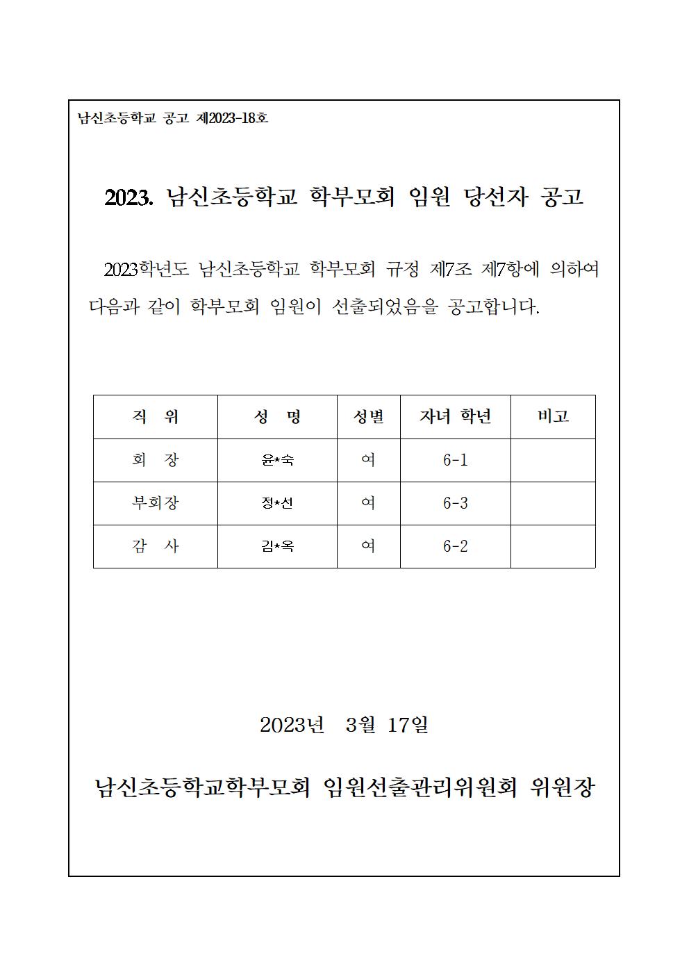 2023. 남신초등학교 학부모회 임원 당선자 공고문001